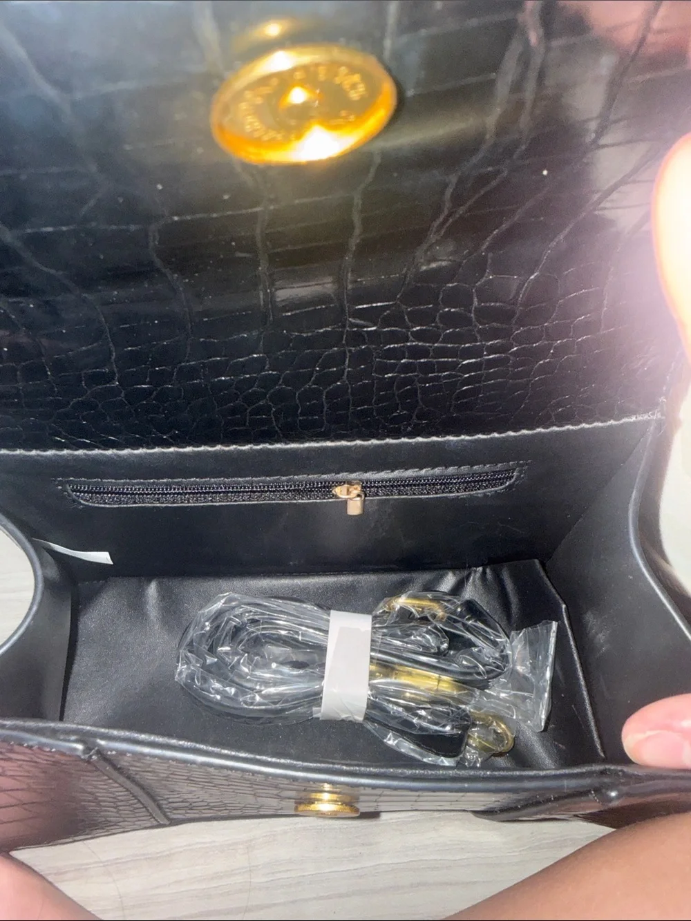 Vintage Black Croc-Embossed Top Handle Bag with Gold Ring Accent